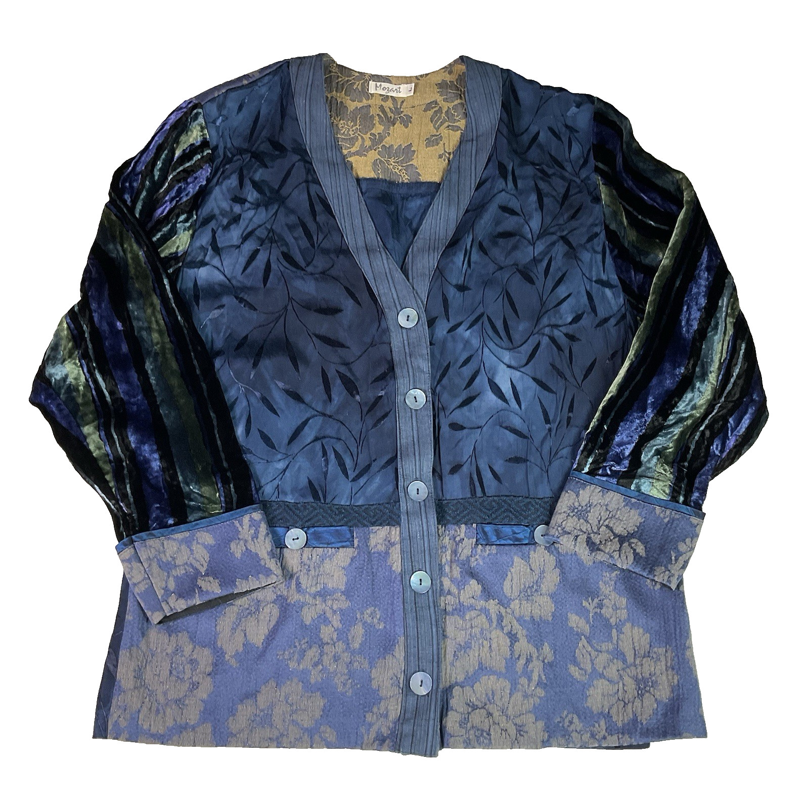 Vtg Mozart Blue Button Blouse Top Large Mixed Media Jaquard Dark Romantic USA