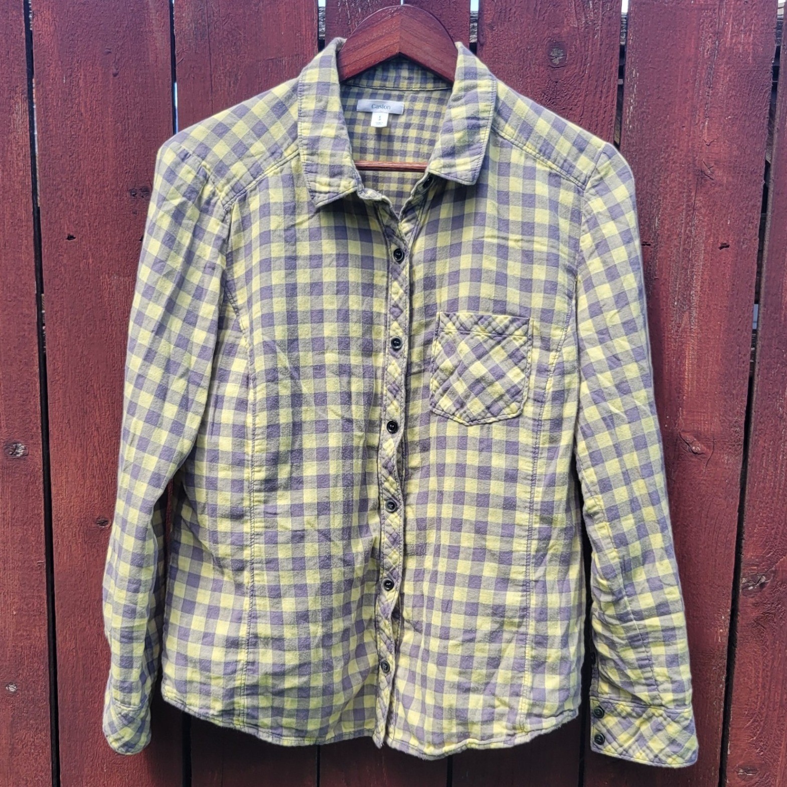 Caslon Womens Large Petite Yellow Grey Gingham Cotton Button Down Shirt Blouse