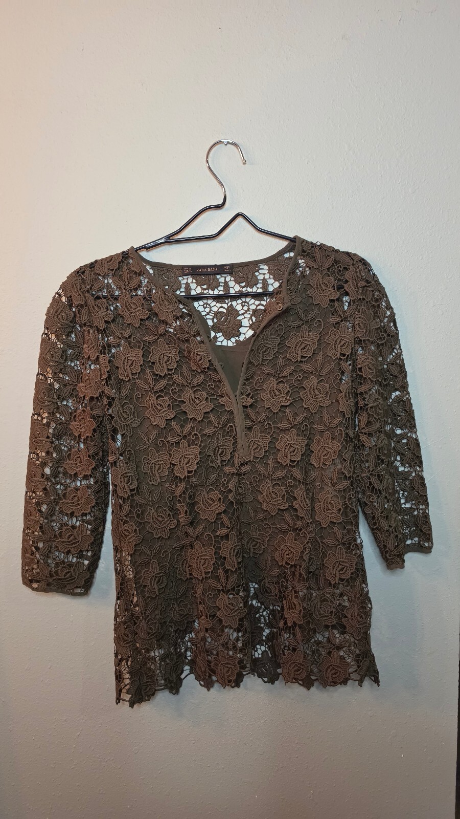 Zara Basic Brown Floral Lace Crochet Blouse Top 3/4 Sleeve Size Medium
