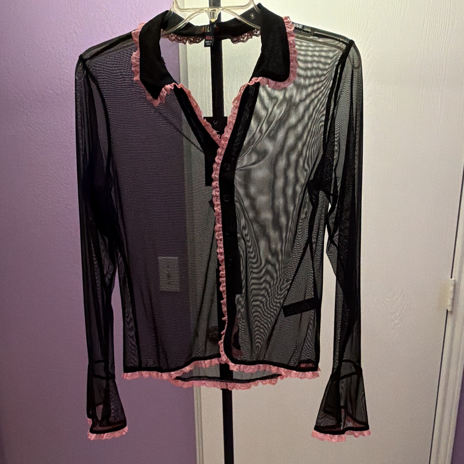 dELiA*s Romantic Sheer Mesh Button-Up Blouse Black Pink Lace Trim Long Sleeve