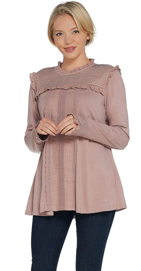 LOGO by Lori Cotton Modal Top with Swiss Dot Details Vintage Rose Small Cottage