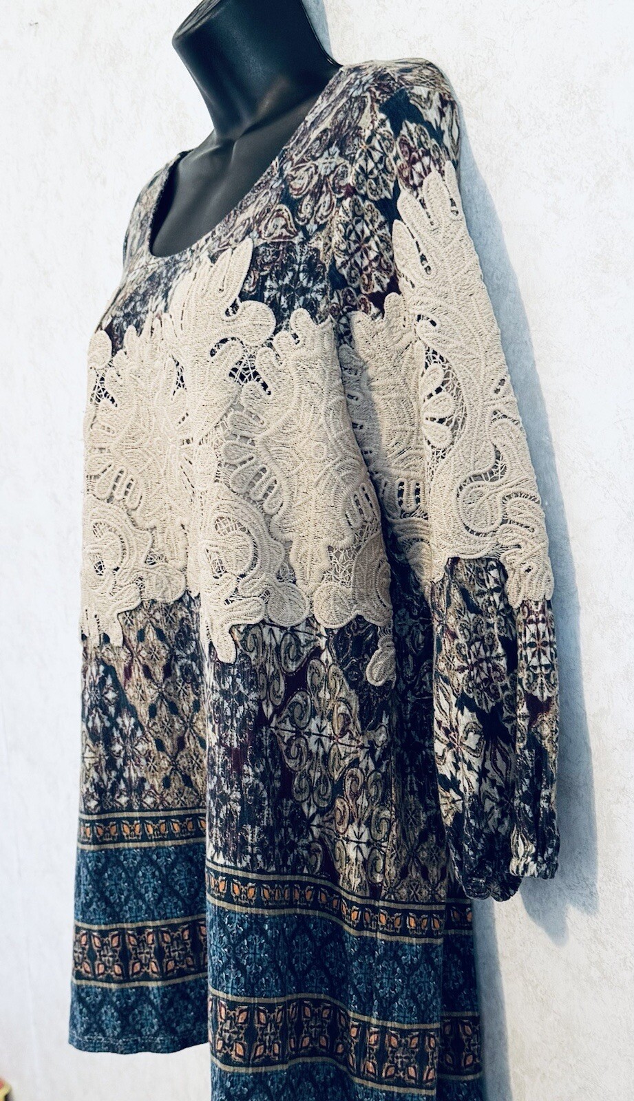 Vintage America Blues Missey Peasant Pull Over Blouse Size Large Tan Lace Panels