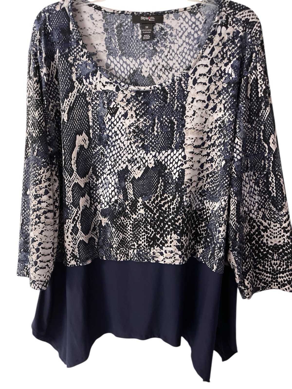 Style & Co Top Womens 3X Blue Snake Skin Long Sleeves Flowy Tunic Stretch Knit