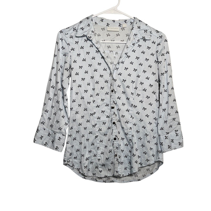 New York & Company Blouse Women’s XS Bow Printed Button Up Collared Top Shirt