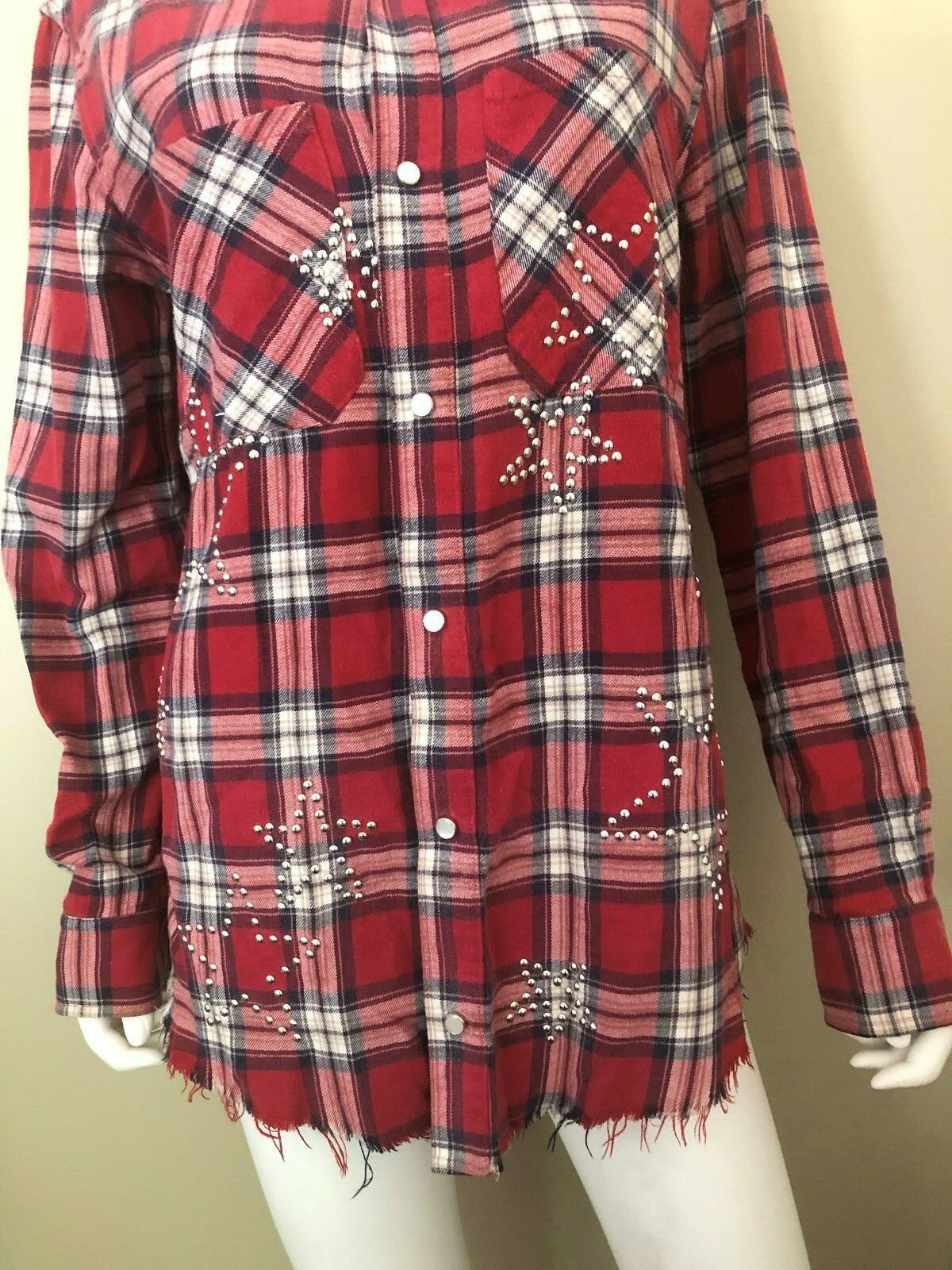 AMIRI Stars Embellished Checked Flannel Button Down Red Shirt Size Samll