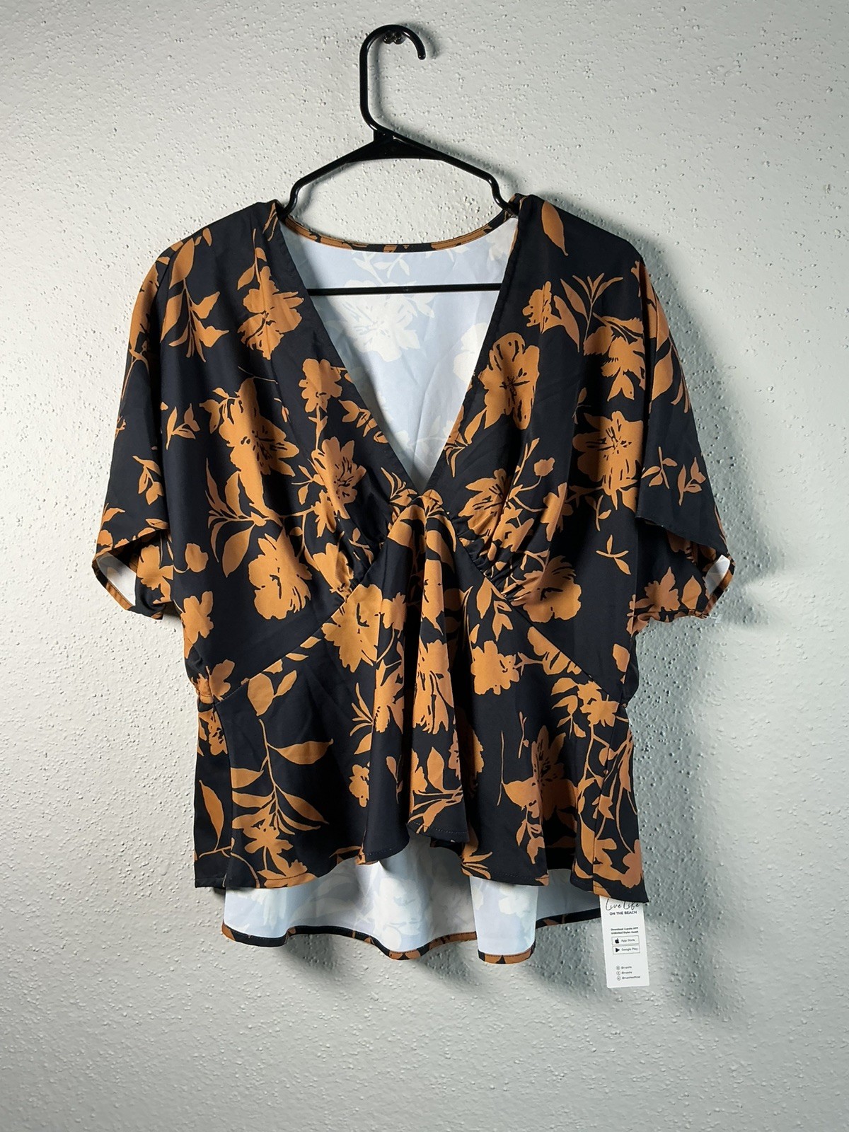 Cupshe Floral Peplum Blouse Size XL – Black & Tan V-Neck Top