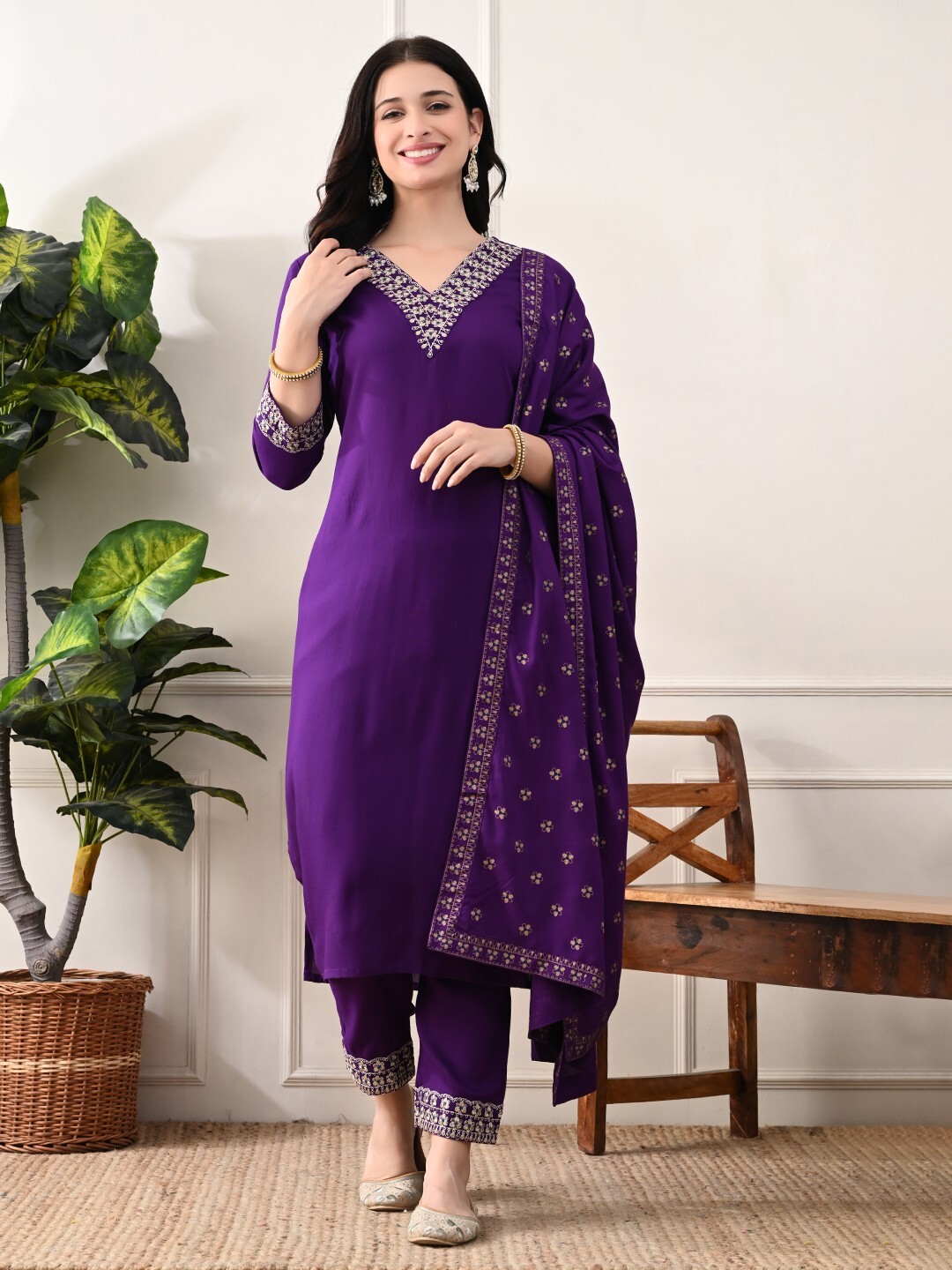 Women Embroidered Regular Kurta with Pant & With Dupatta