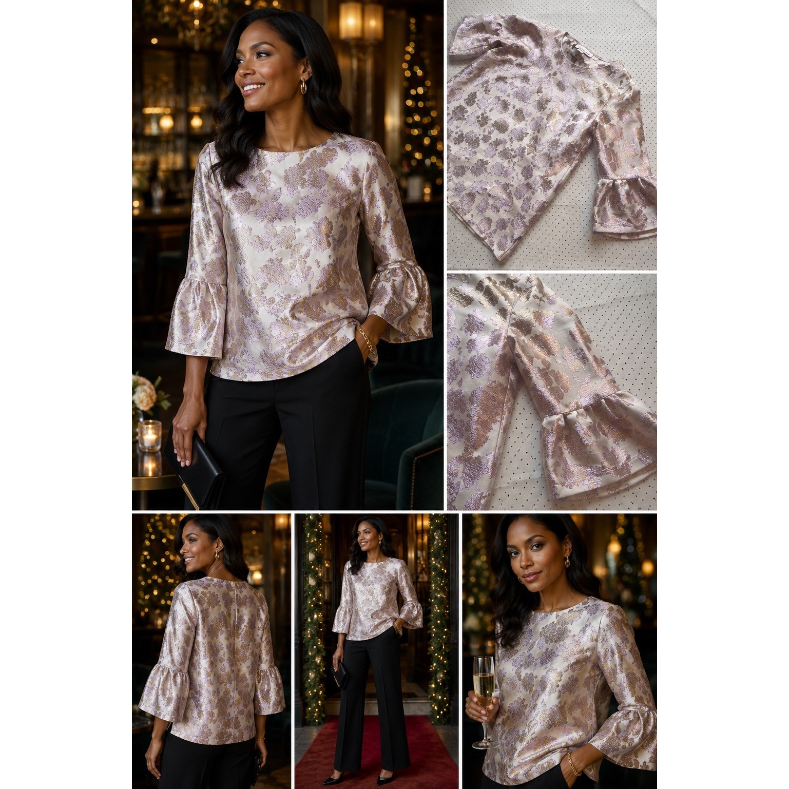 Caroline Rose Metallic Floral Jacquard Blouse L Bell Sleeve Cocktail Holiday