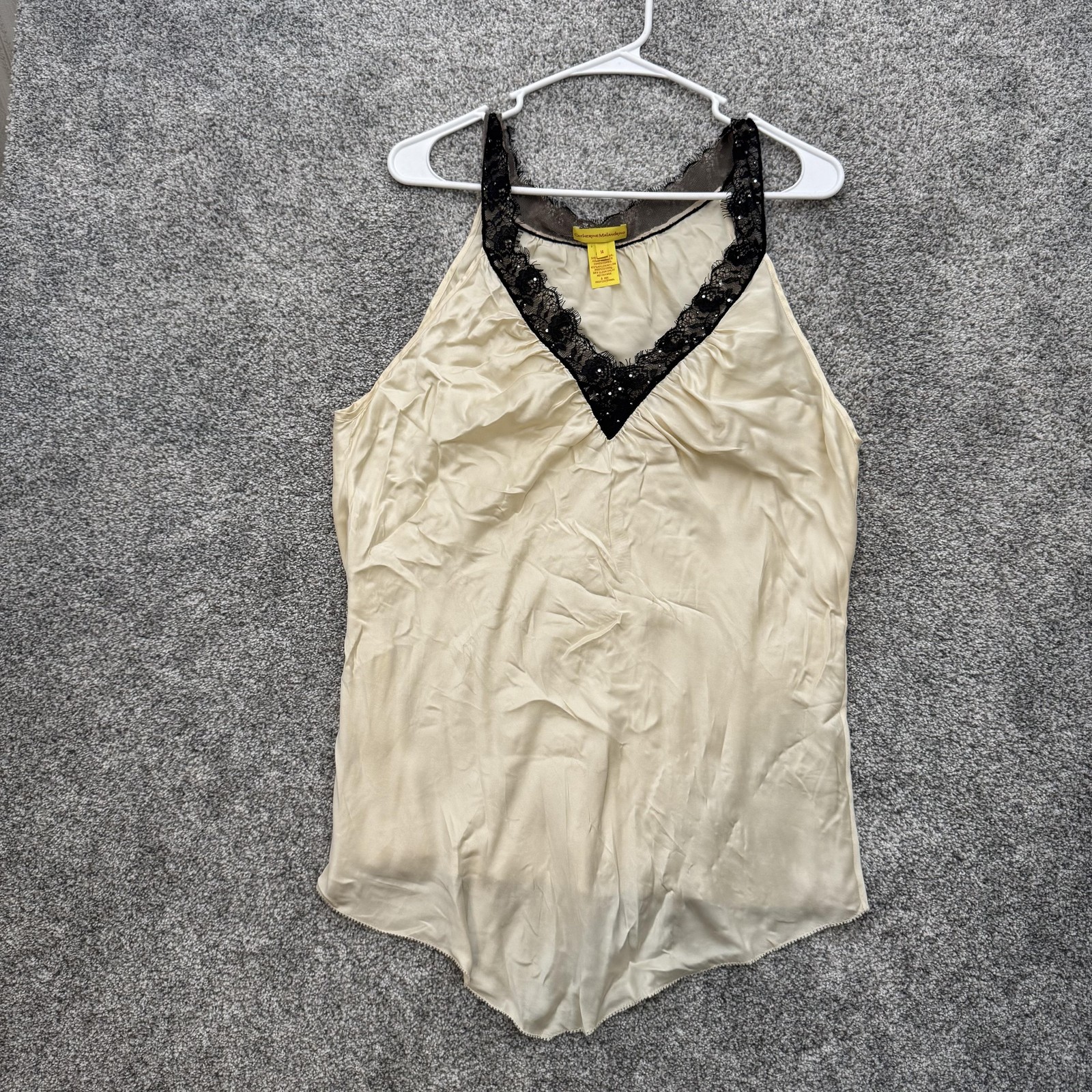 Catherine Malandrino Top Womens 14 Cream Black Silk Beaded Lace Trim Blouse Tank