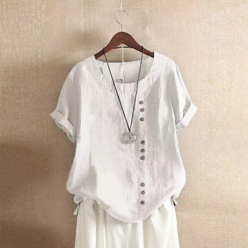 New Summer Womens Cotton Linen Tunic Blouse Tops Short Sleeve Shirt Casual