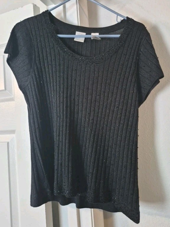Women Size XL Blouse Black With Glass Beads Stretch Fit by Emma James