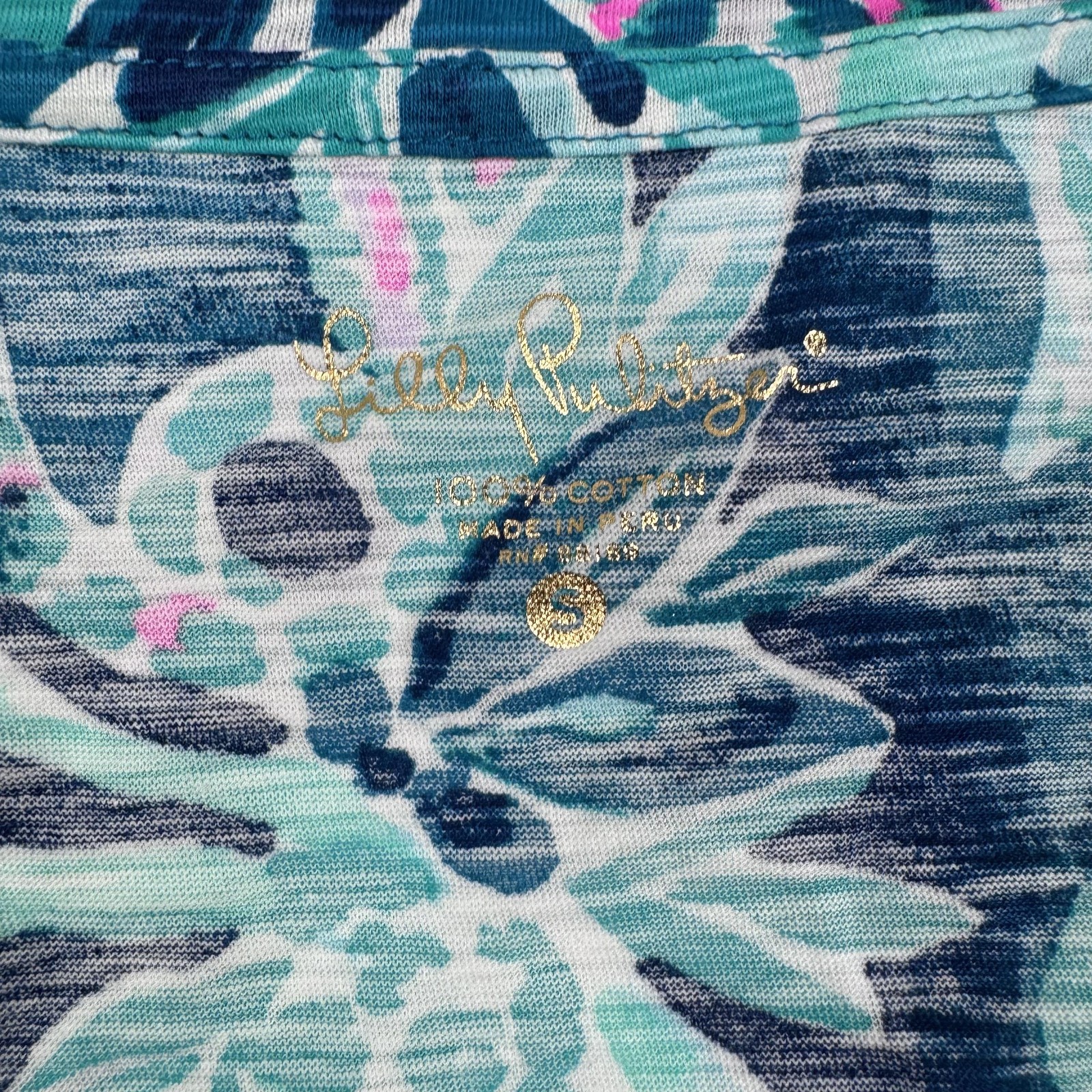 Lilly Pulitzer Shirt Womens S Blue Green Tropical Lemur Print V Neck Cotton