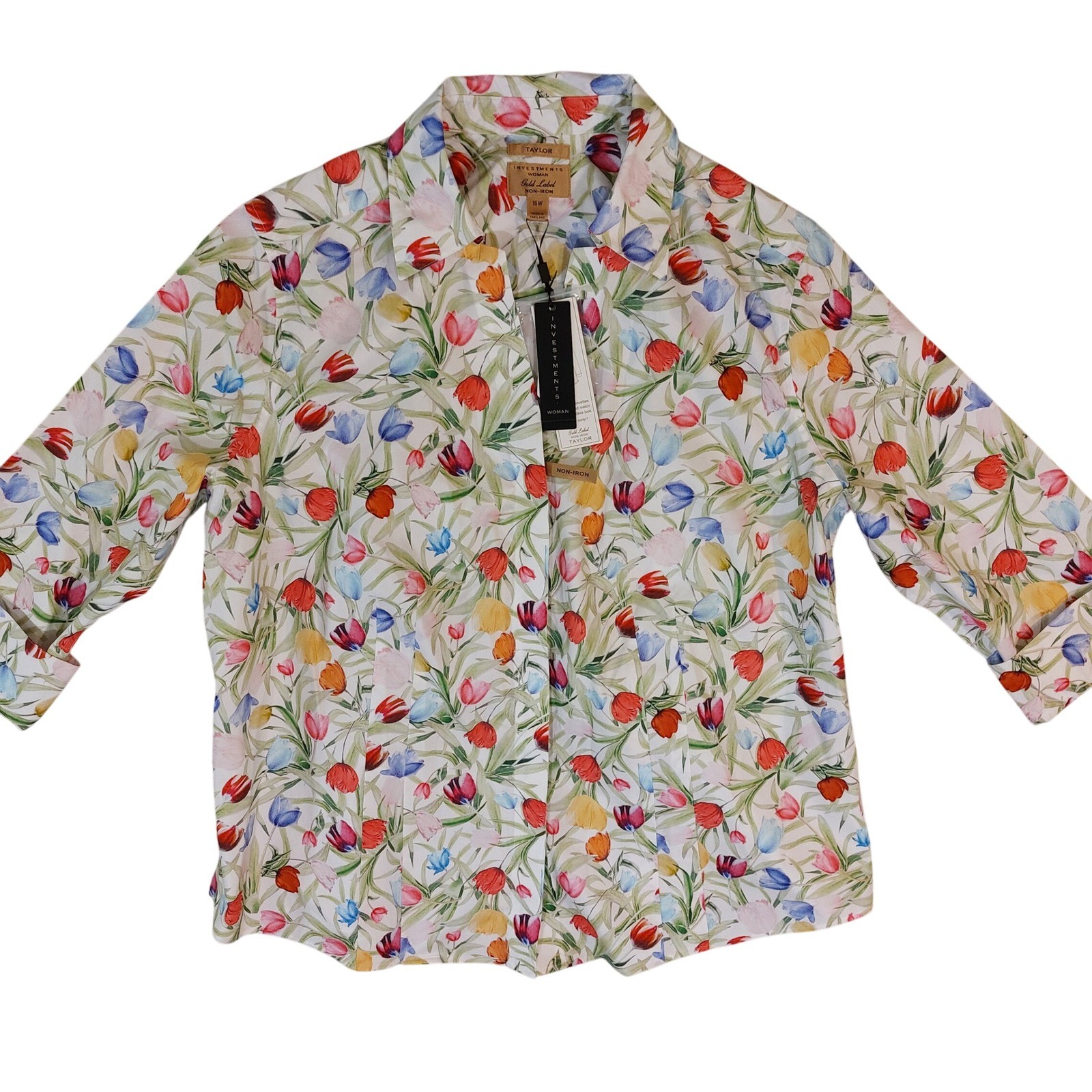 Taylor Investments Woman Gold Label Non Iron Floral Tulip Button Down Shirt 16W