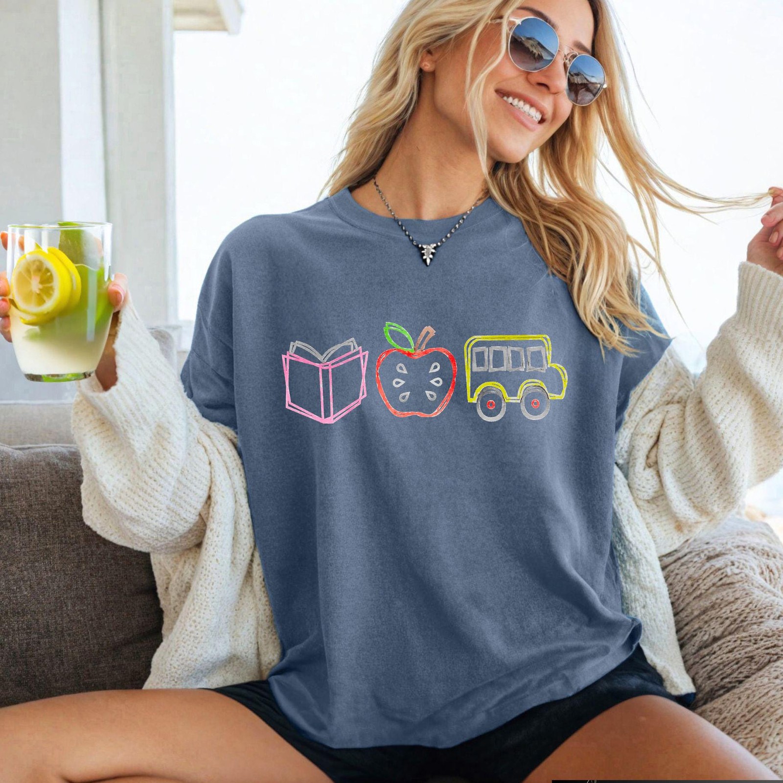 Back To School Teacher Graphic Tee Chalk Book Apple Bus Print Casual T-Shirt