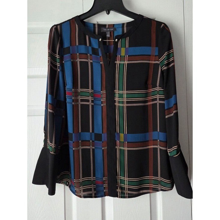 The Limited Black Plaid Split-Neck Blouse Size S