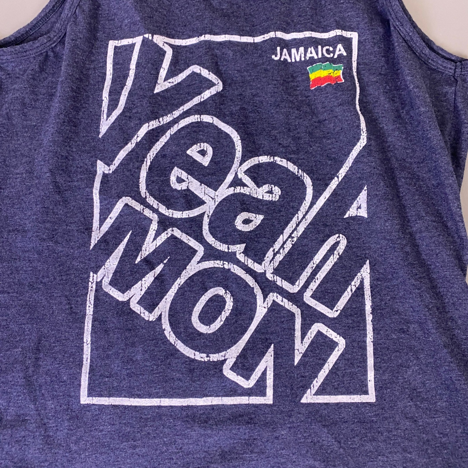 Jamaica Graphic Tank Top Groovy Bay Sport Women’s M Heather Navy Blue Yeah Mon