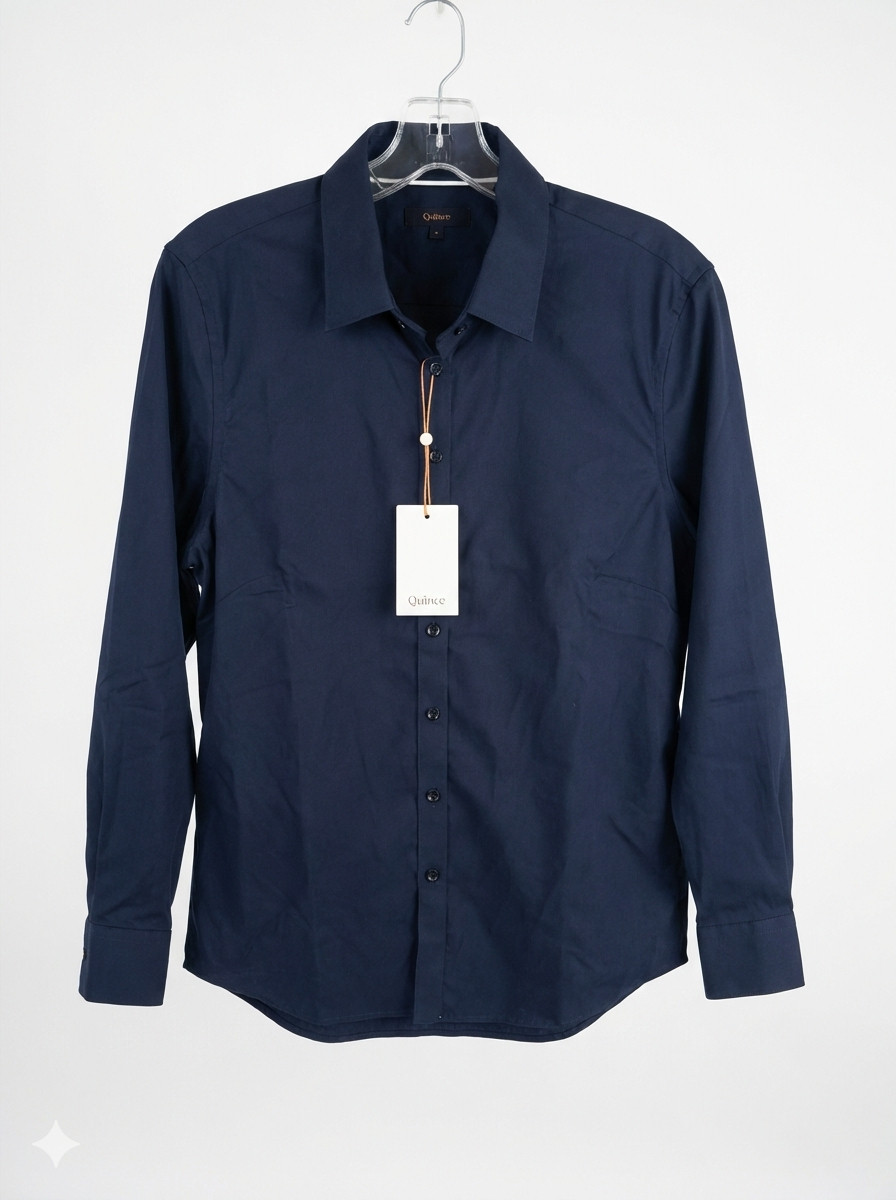 Quince NWT Organic Stretch Cotton Tailored Shirt Women’s L Navy Blue Minimalist