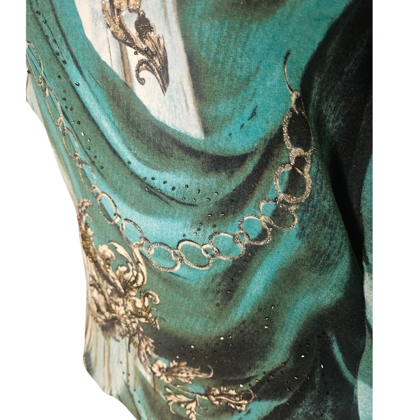 Alberto Makali Animal Print Shirt Sz L Grn Blk Gold Beaded Cotton Blend VTG