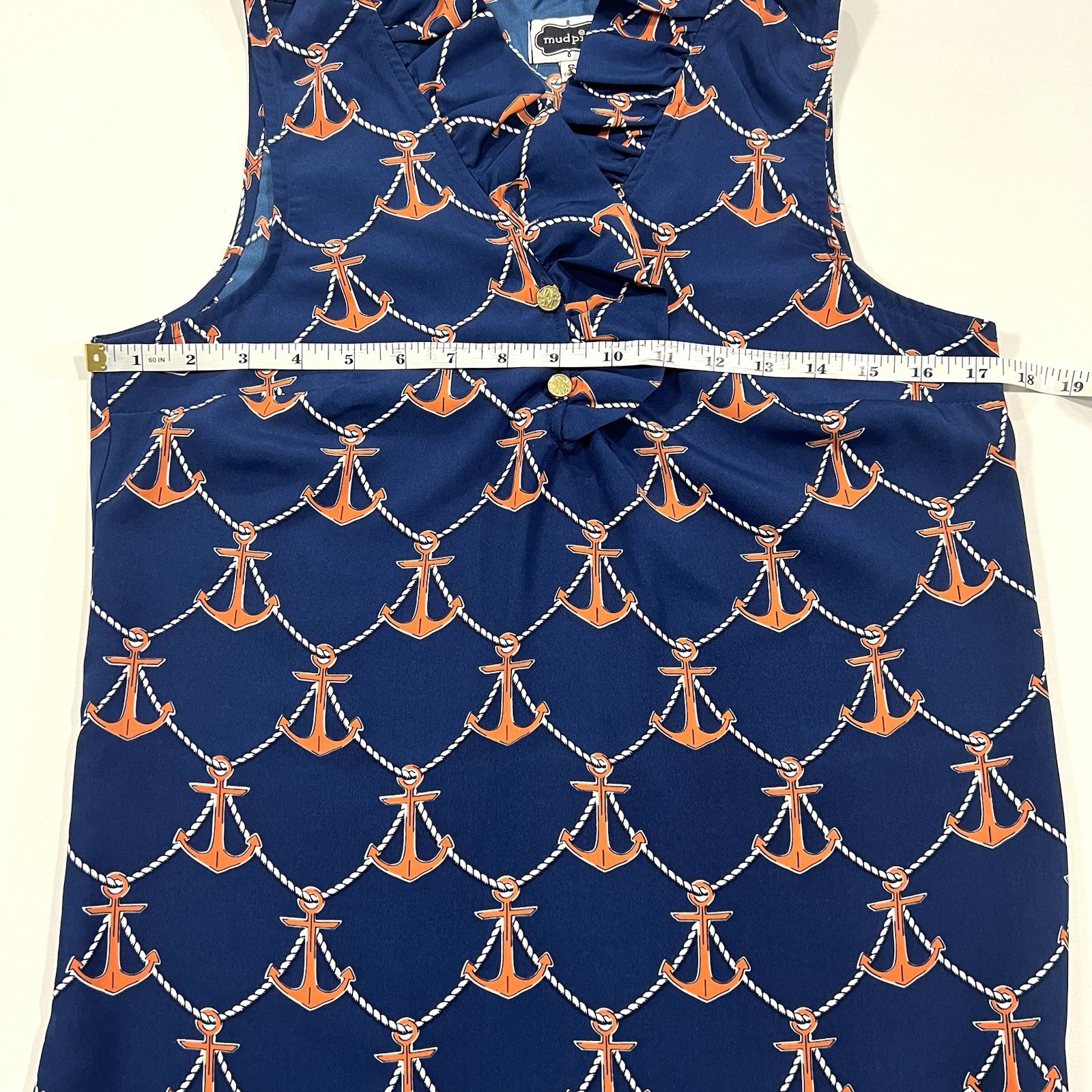 Mud Pie Nautical Anchor Ruffle Neck Blouse Womens Small Blue Sleeveless Top