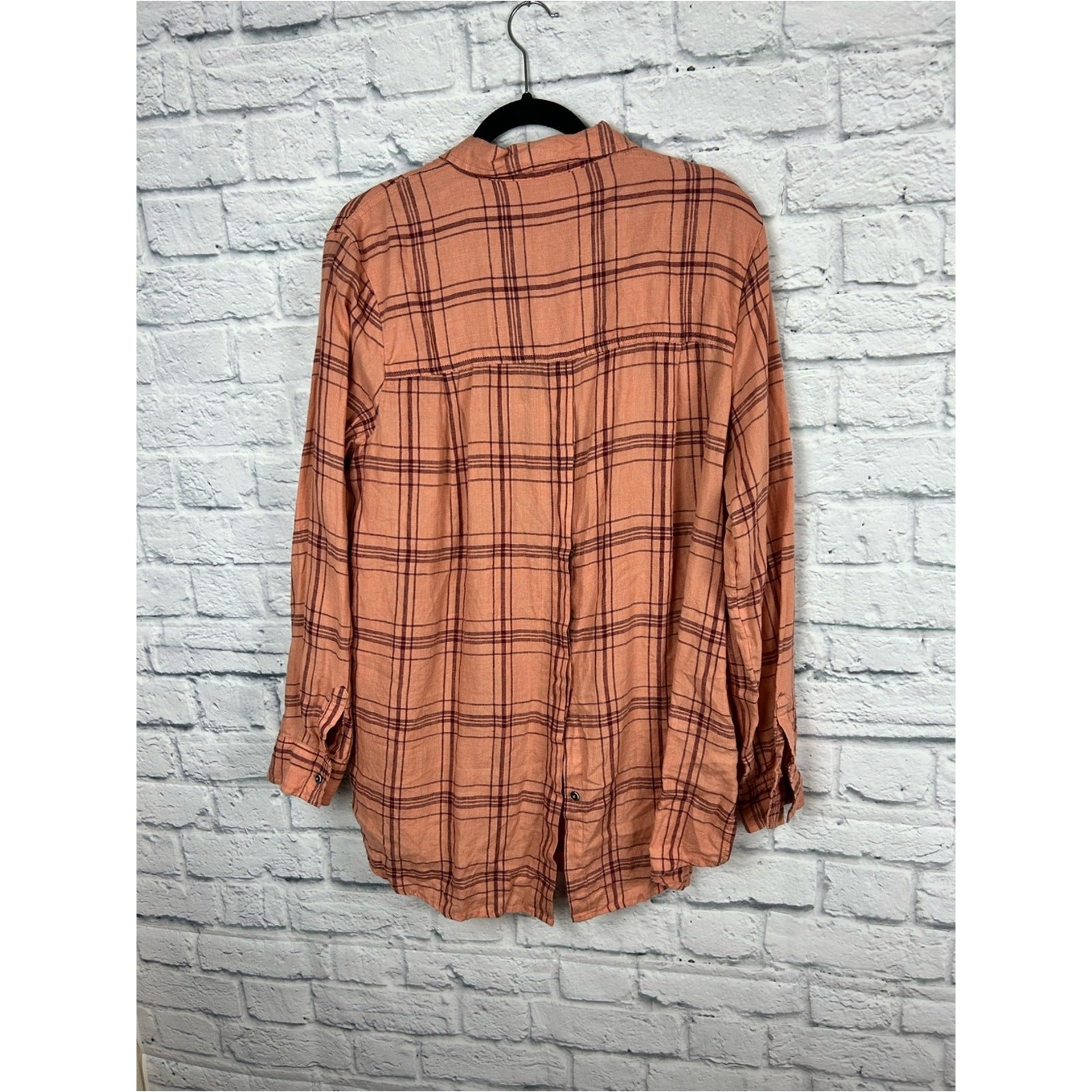 Free People No Limits Plaid Linen Shirt L Peach Button Back Tunic Oversized