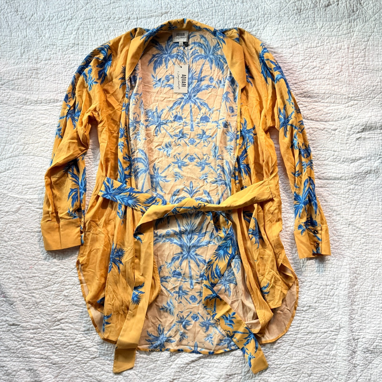 $198 NWT Aquari Yellow Blue Palm Tree Robe Wrap Dress Size S Boho Resort Wear