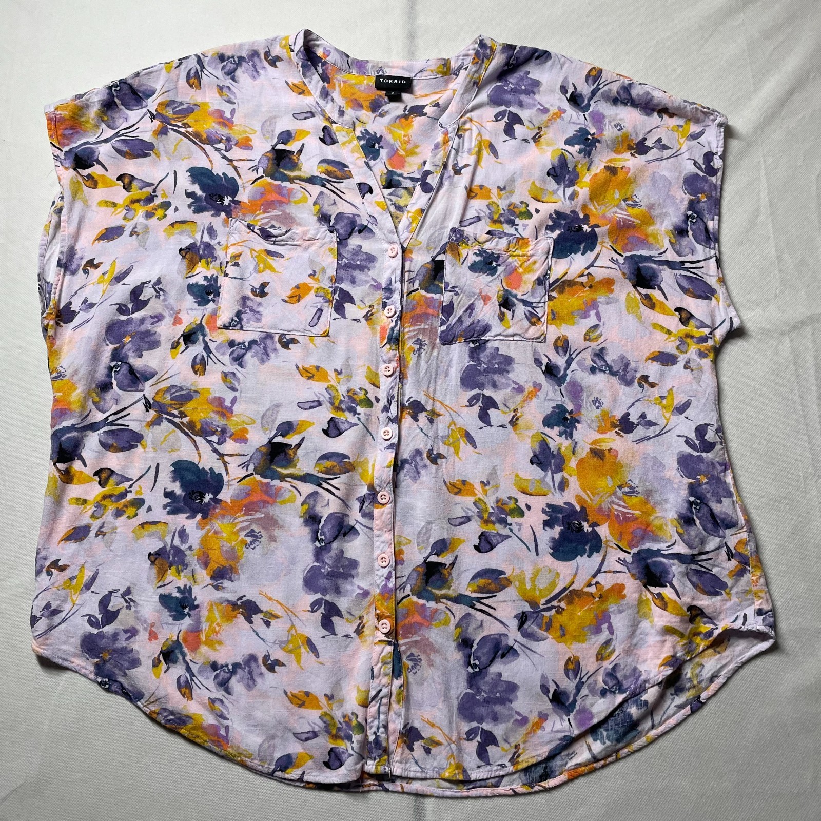 Torrid Womens Multicolor Watercolor Floral Split Neck Blouse Top Size US 2X