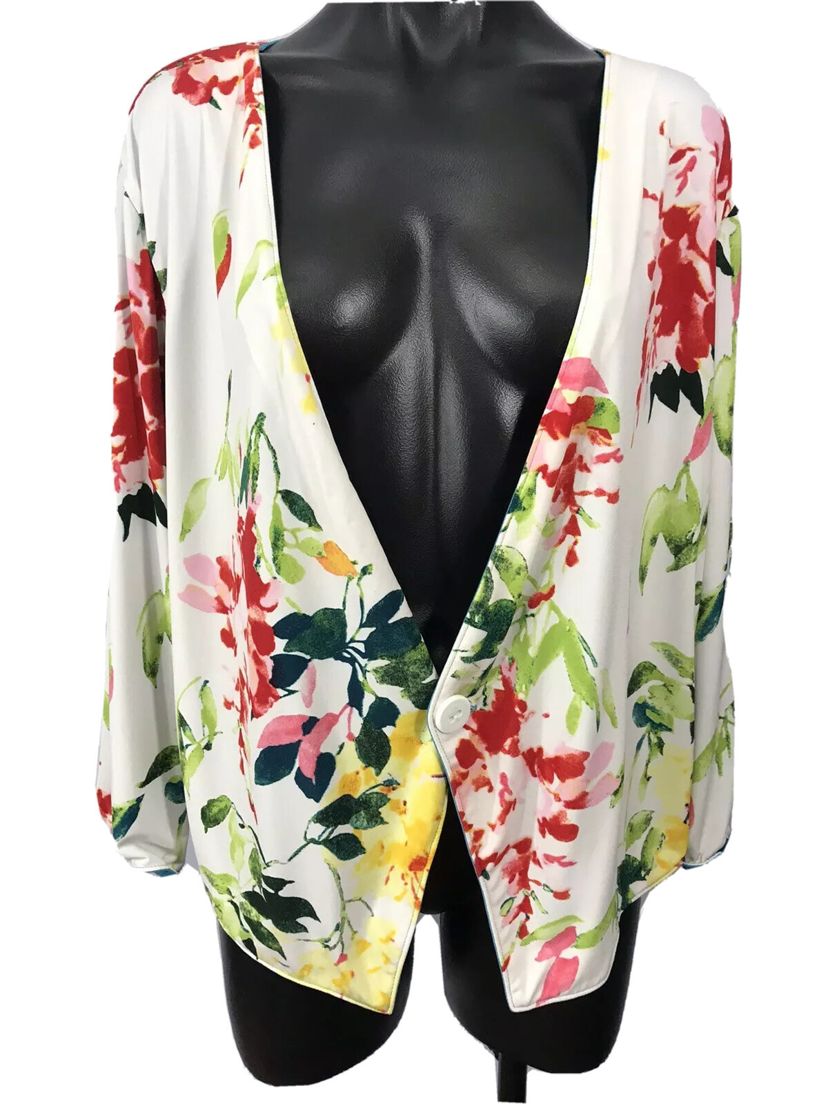 Fashion Womens Size L White Blue Floral Multi Reversible Stretch Crop Cardigan
