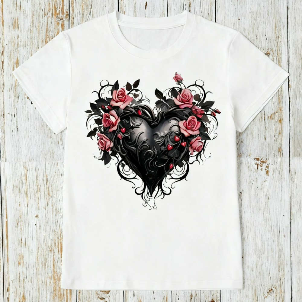 Women’s Casual T-Shirt Gothic Heart Rose Unique Floral Heart Graphic Tee Women