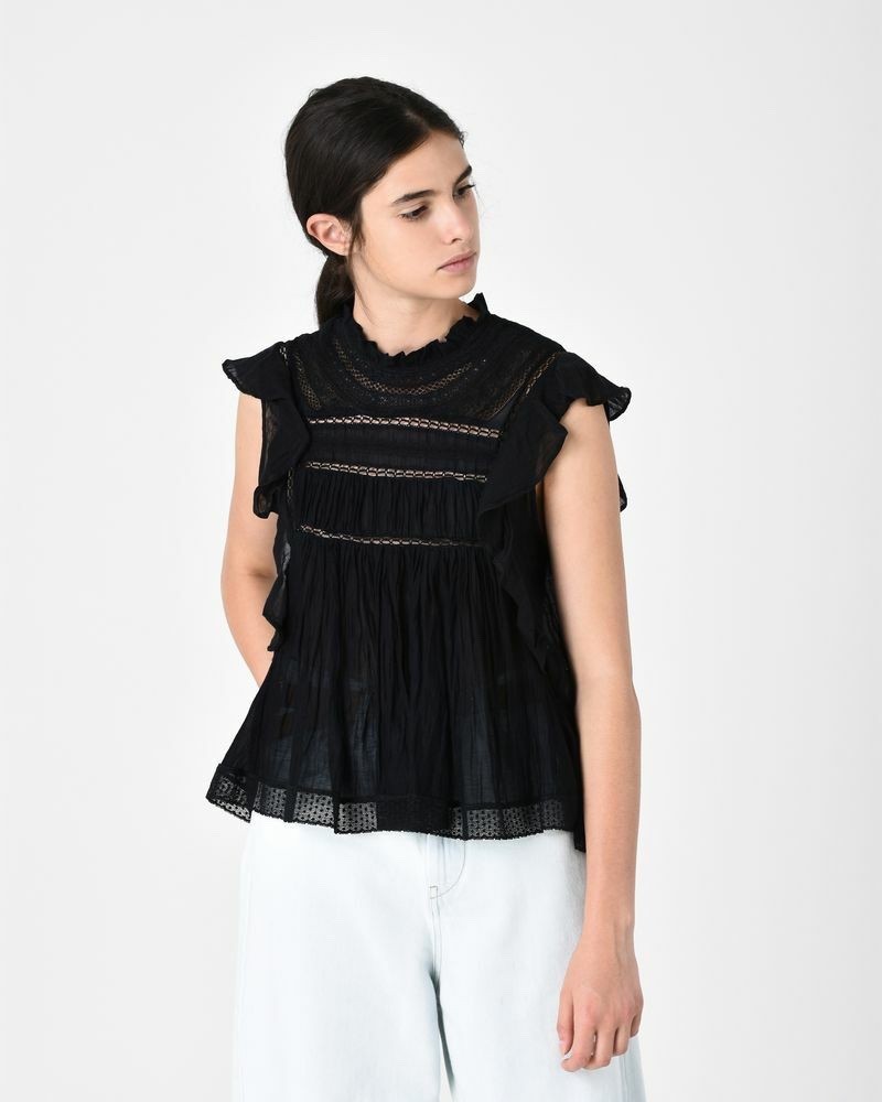 Isabel Marant Etoile Vivia Top Black Mock Neck Lace Trim Ruffle Embroid Womens S