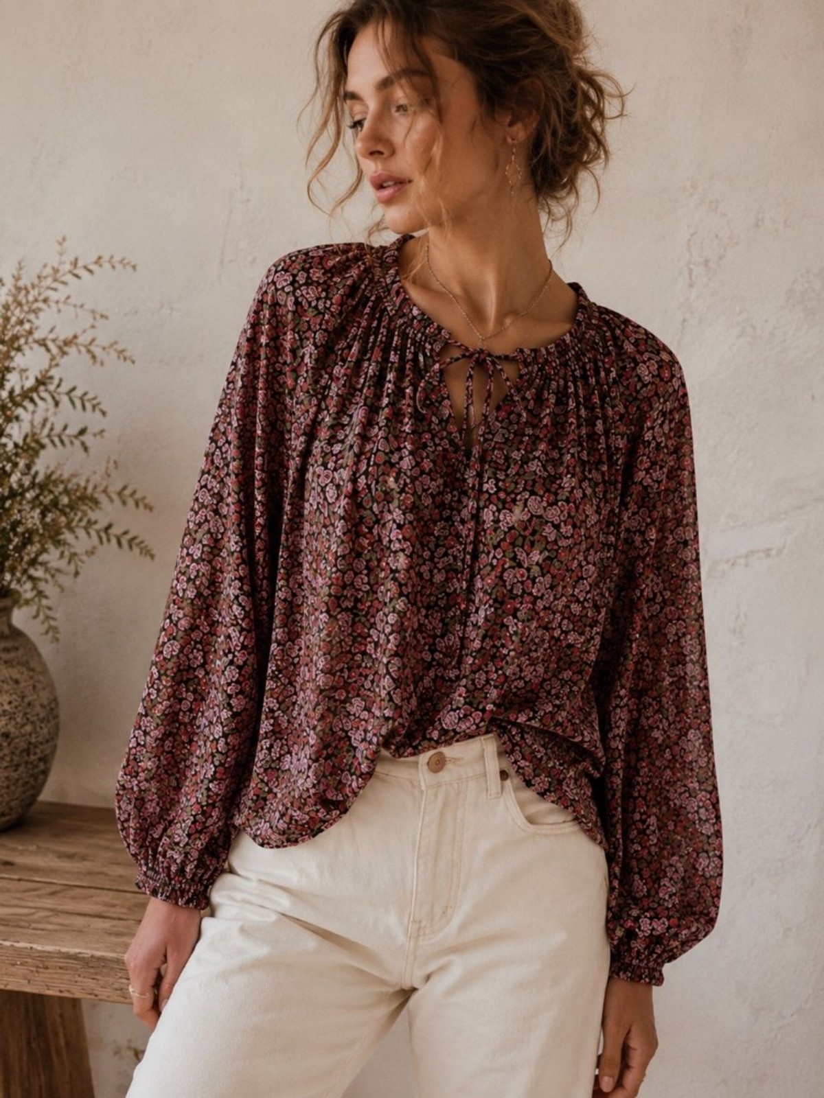 MINKPINK Floral Tie Neck Peasant Blouse Long Sleeve Pink Black M | Cottagecore