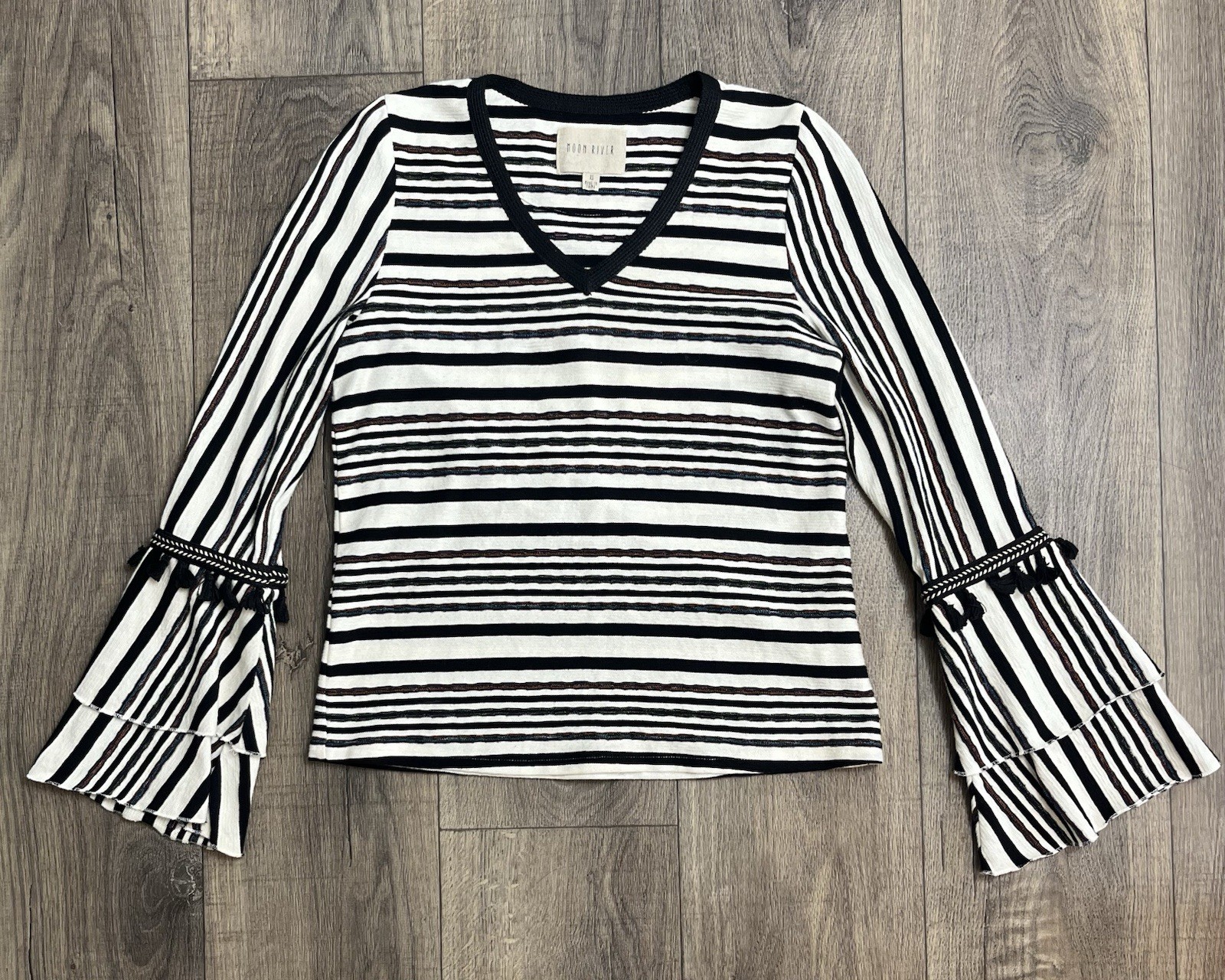 Anthropologie Moon River Striped Bell Sleeve Top Sz XS W/ Tassels Multicolor