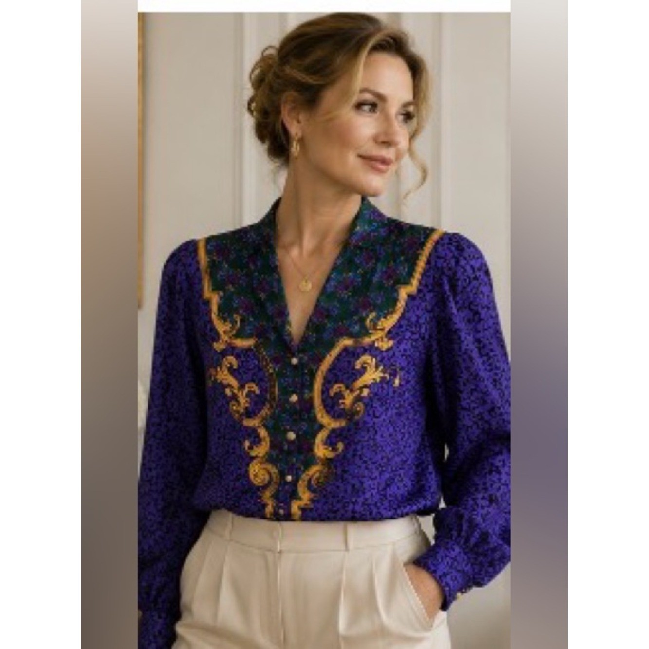 Adrianna Papell 100% Silk Baroque Print Blouse vintage Size 14