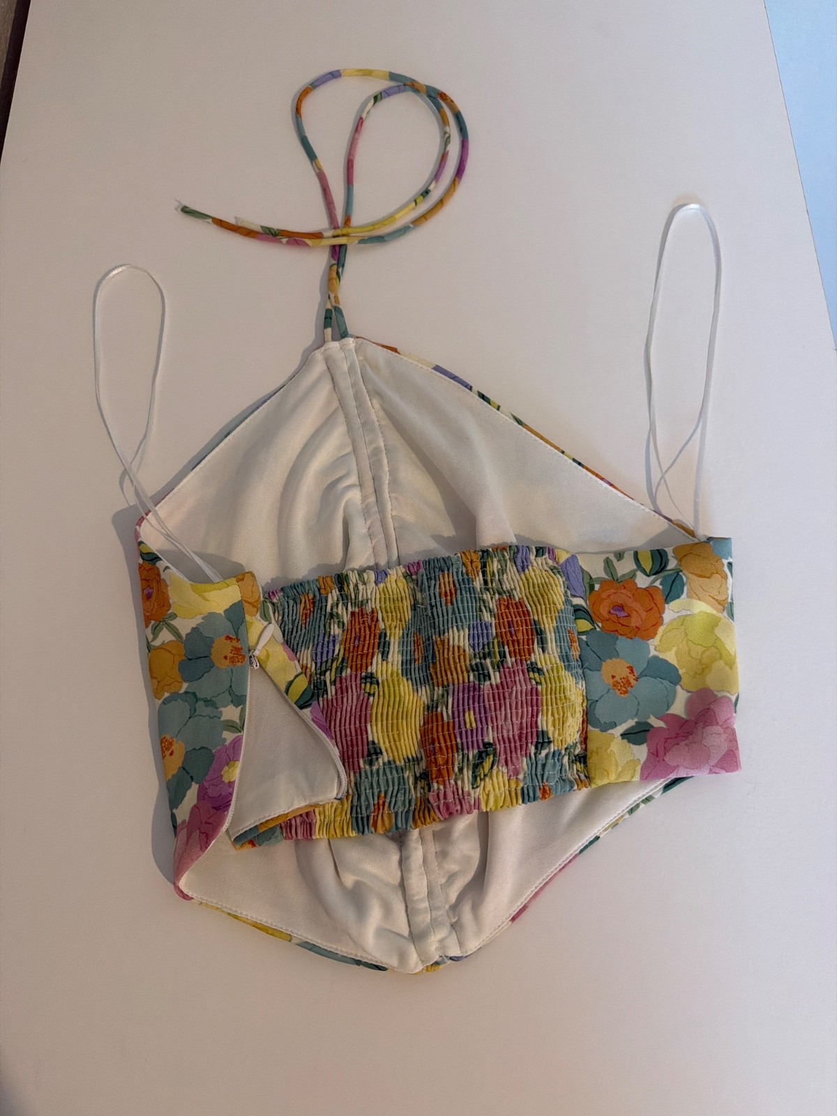 ZARA Floral Halter Medium Top Ruched Cropped Halter Blouse Open Back Multicolor