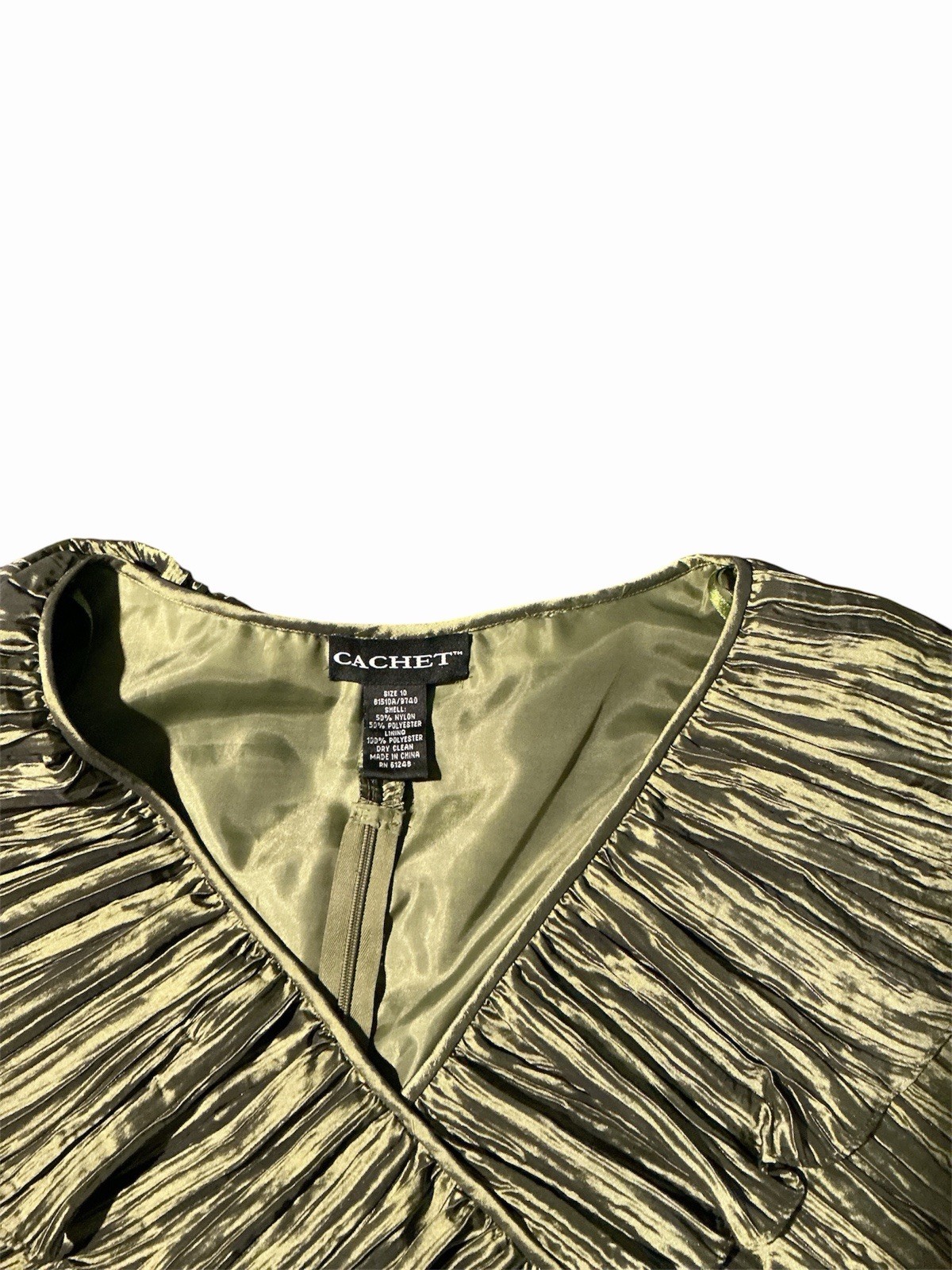 Cache Y2K Metallic Olive Green Ruffled Top V Neck Sleeveless Party Blouse 10
