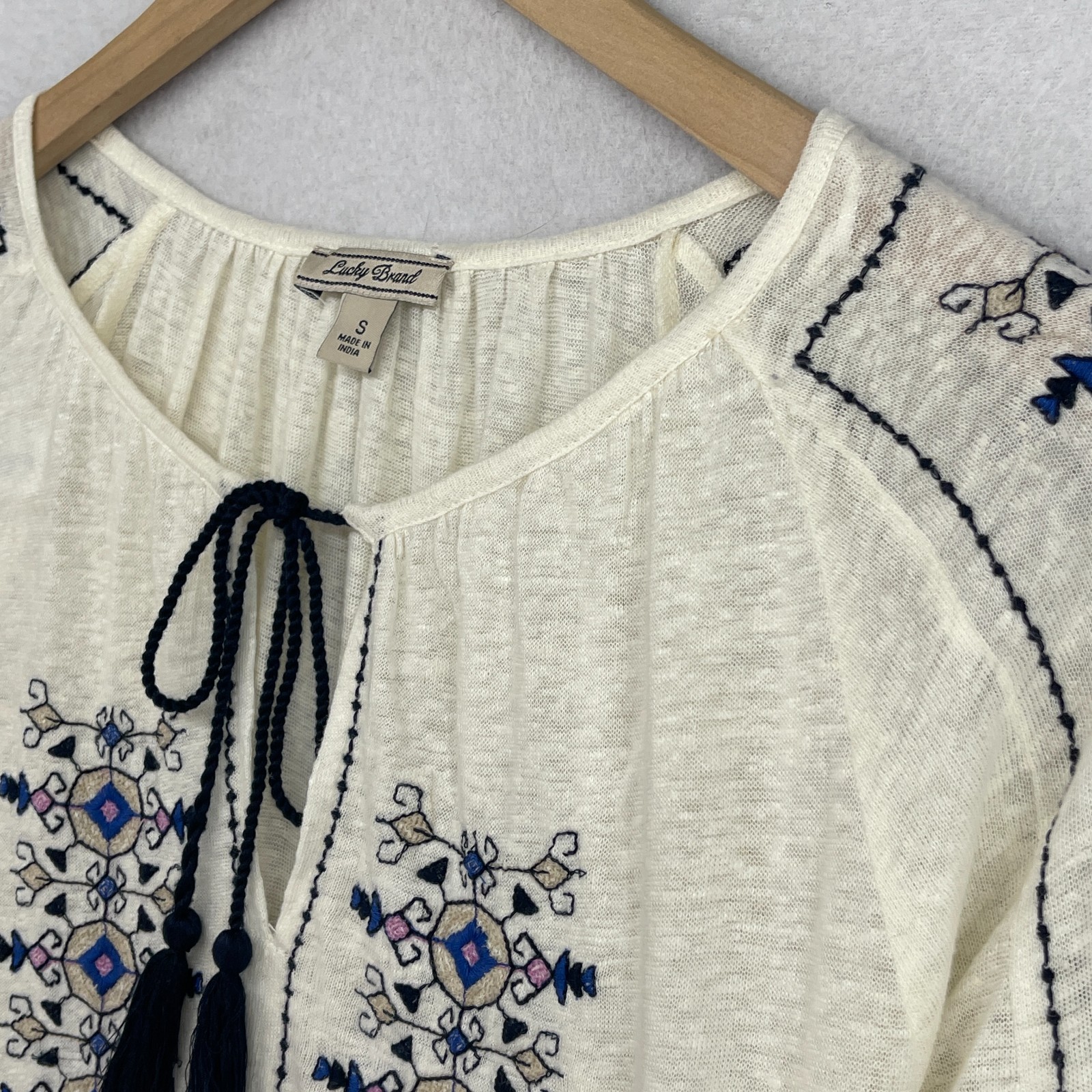 LUCKY BRAND Top S Boho Peasant Tunic Tassel Tie Slub Linen Blend Off White