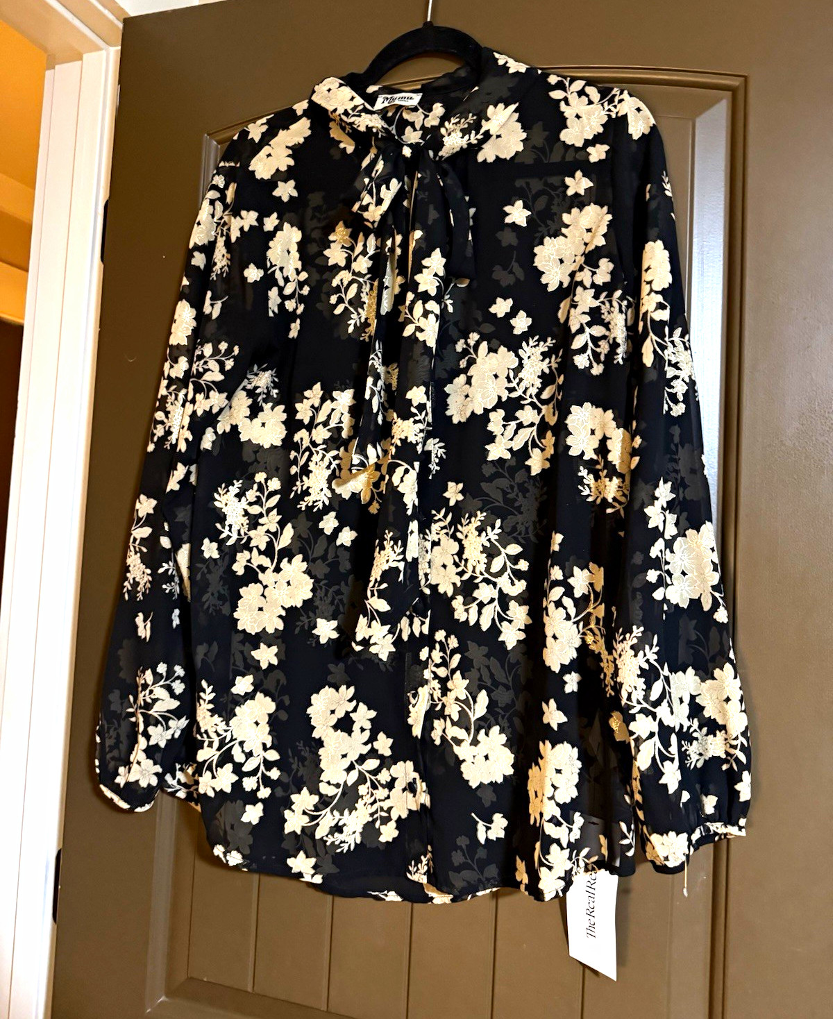 Show me your Mumu Black/Beige Floral Tie-Neck Bow Long Sleeve Blouse Women’s S