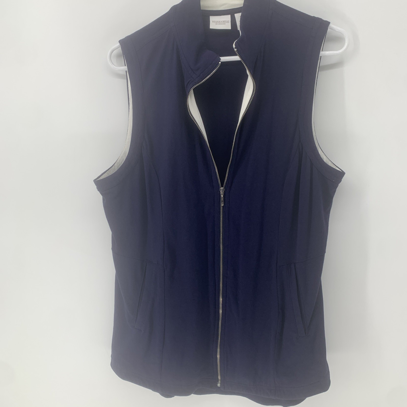 Weekends by Chico’s Dark Blue Vest Top Size 2 Large Full Zip Pockets