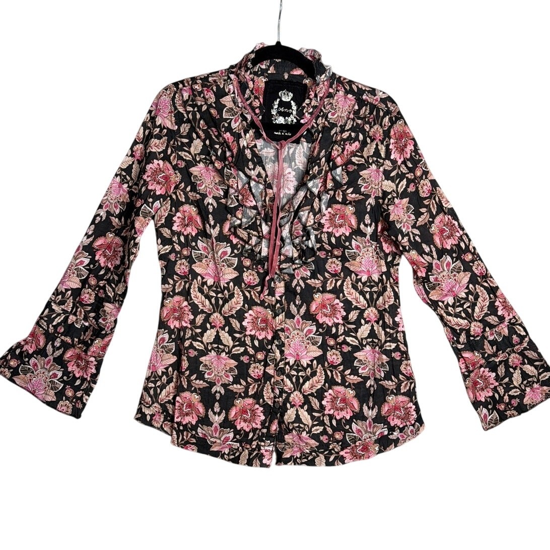 Cino Floral Ruffle Button Blouse Black Pink Cotton Cottagecore Romantic Top L