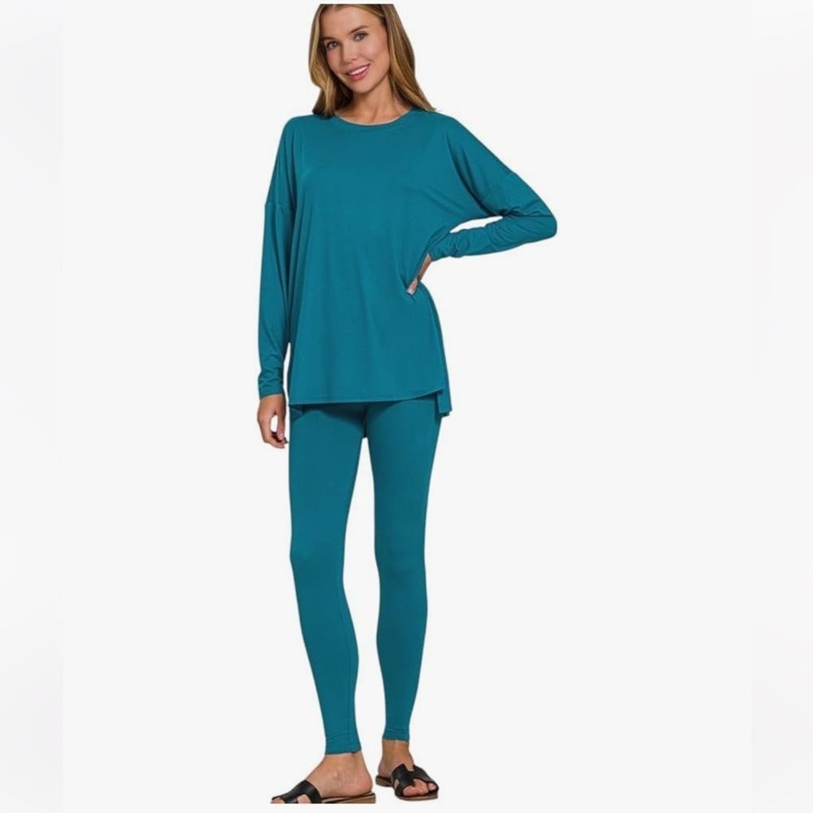 Zenana lounge all day crew long sleeve brushed microfiber set teal xl
