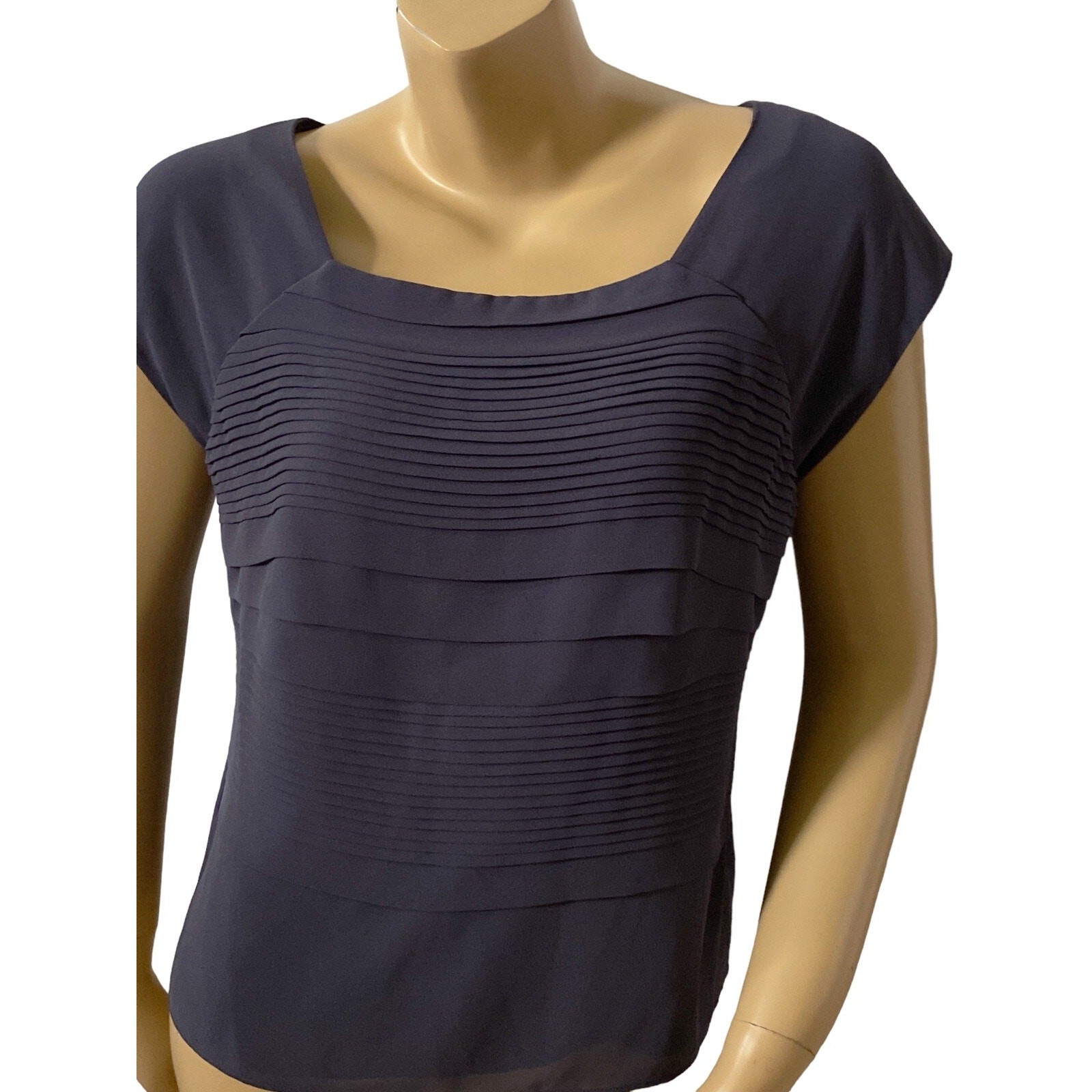 Jacques Vert Pleated Blouse Womens US 10 UK 12 Gray Square Neck Lined Zip Top