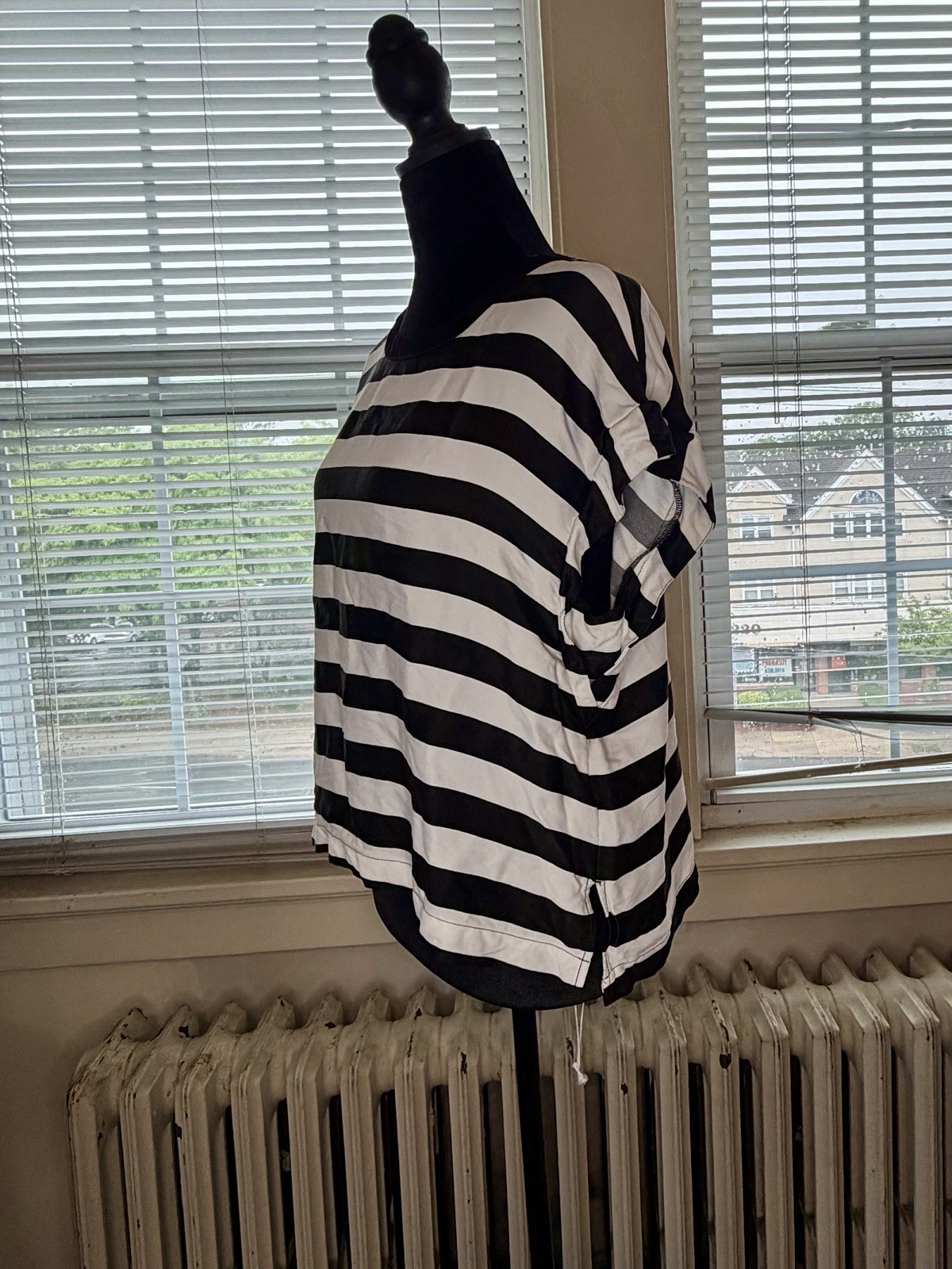 Maeve for Anthropologie Black White Striped Dolman Sleeve Button Back Blouse