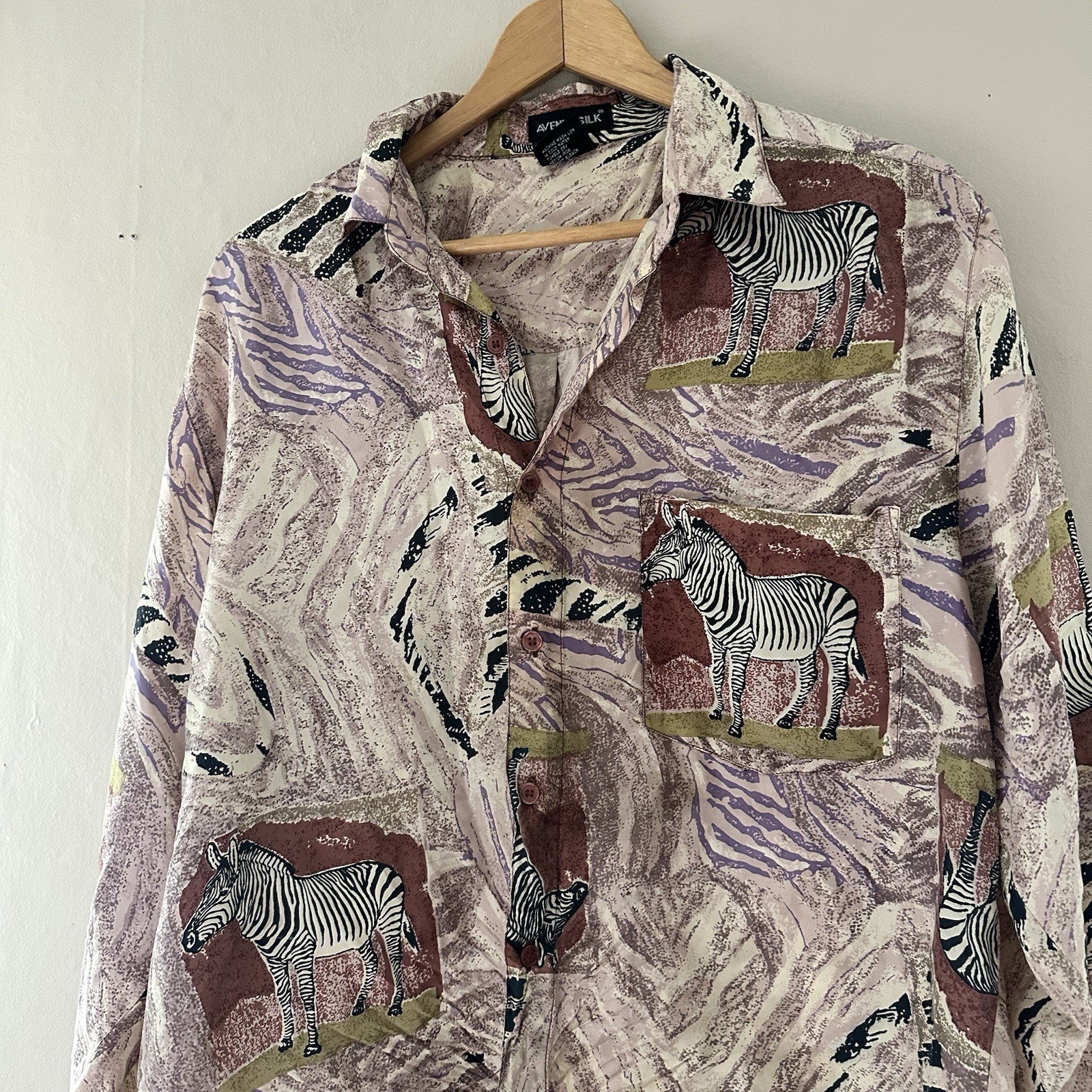Avenue Silk Womens Zebra Patchwork Button Up Top Size M 100% Silk Art to Wear