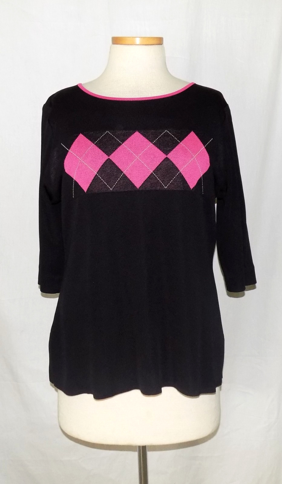 Misook Tunic Top Argyle Diamond Design 3/4 Sleeve Acrylic Knit Black & Pink L