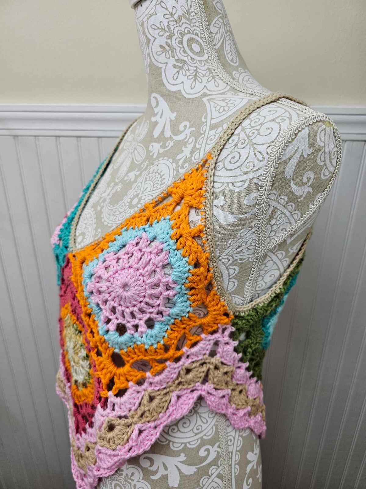 Crochet Lace Crop Top Handmade Large Boho Chic 100% Cotton yarn Multi color