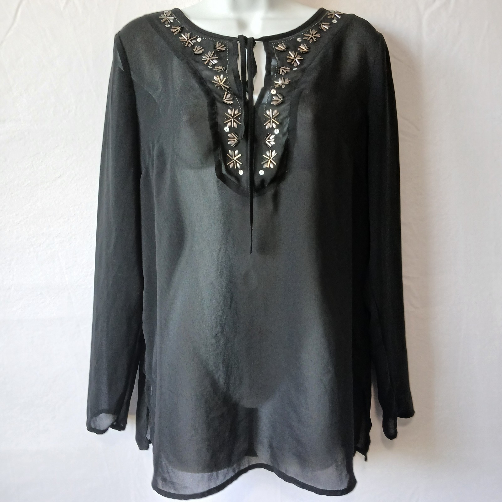 Nicole Miller Top Black Sheer V Neck Beaded Sz M Party Holiday office wear