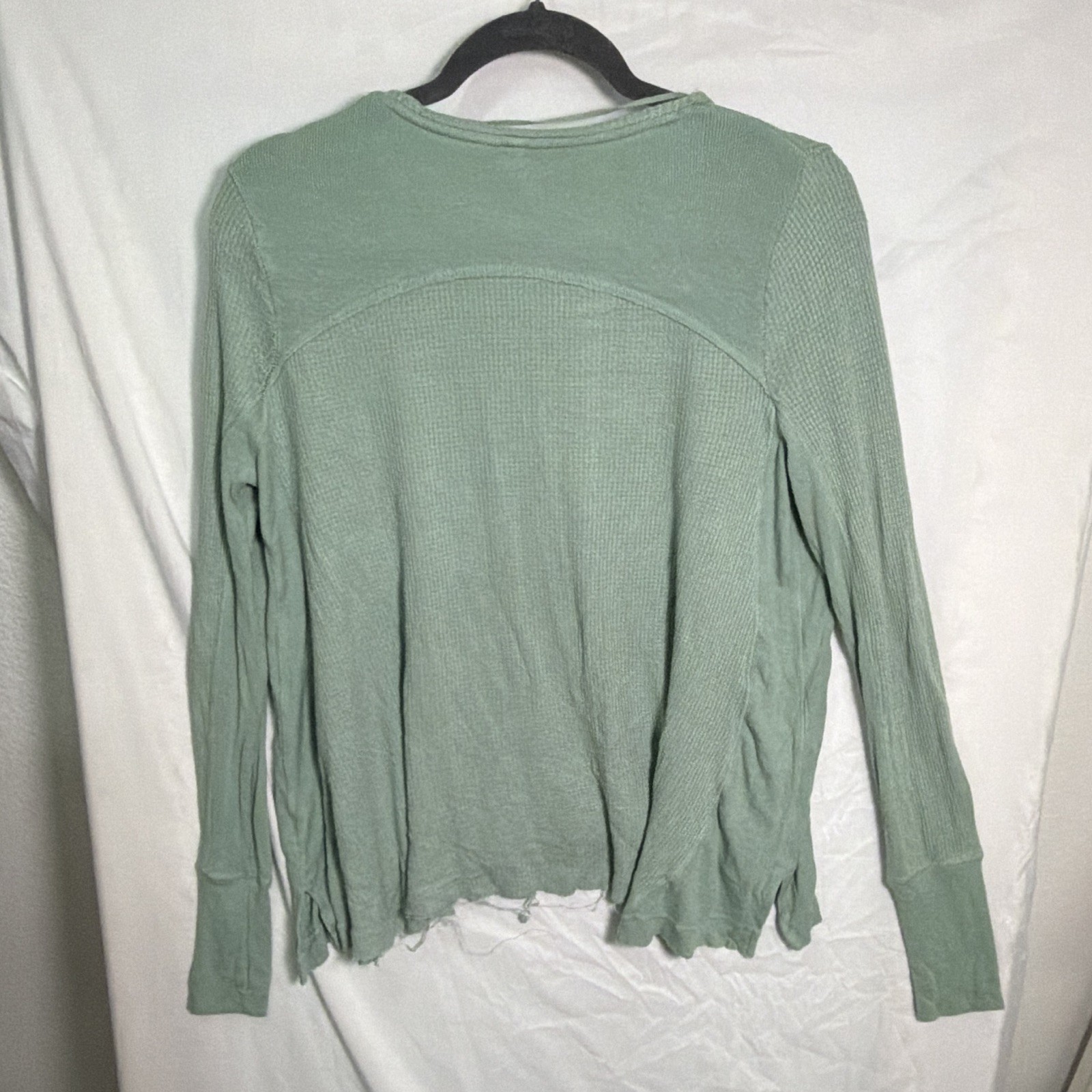 Green Waffle Knit Scoop Neck Ruffle Long Sleeve Top