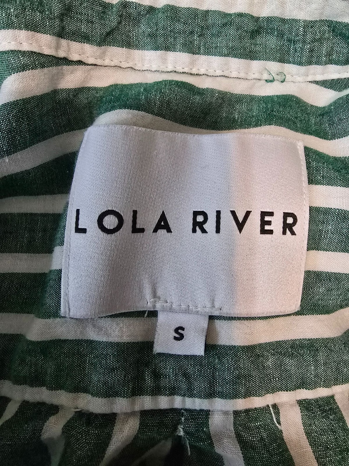 LOLA RIVER Striped Shirt Womens Sz S Green White Button Up Tie Roll Tab Sleeve