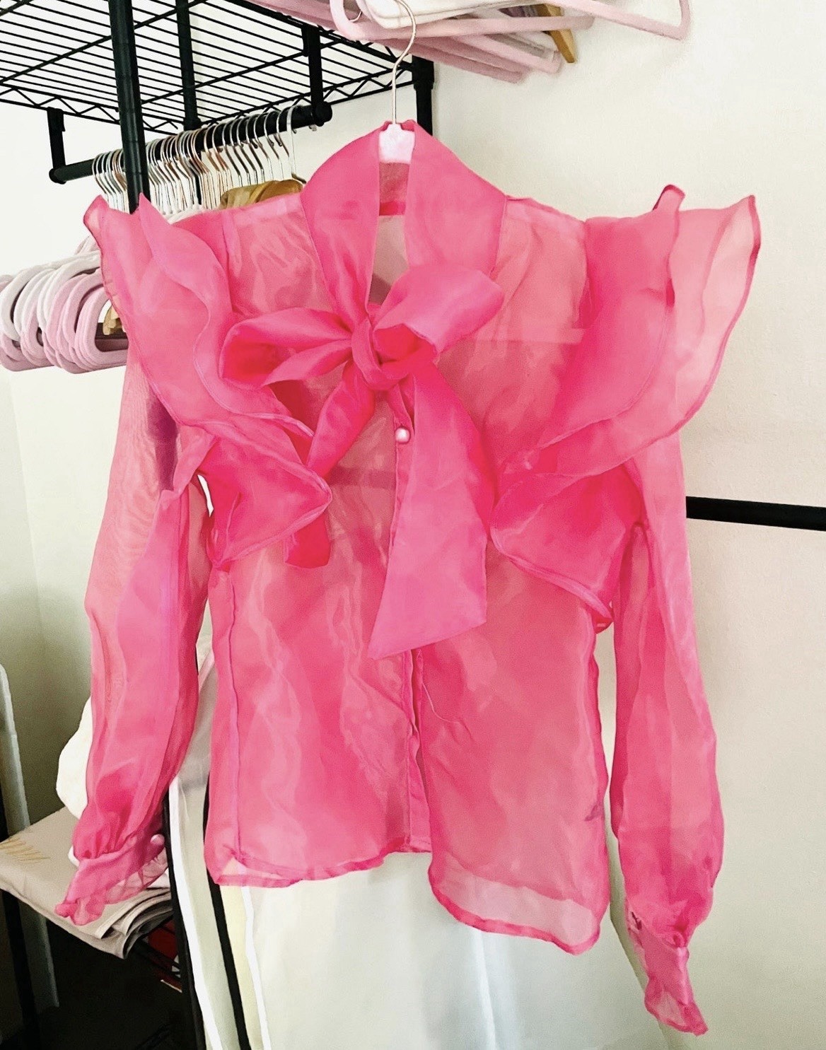 Pink Chiffon Ruffle Bow Neck Long Sleeve Blouse Button Accent Women Party