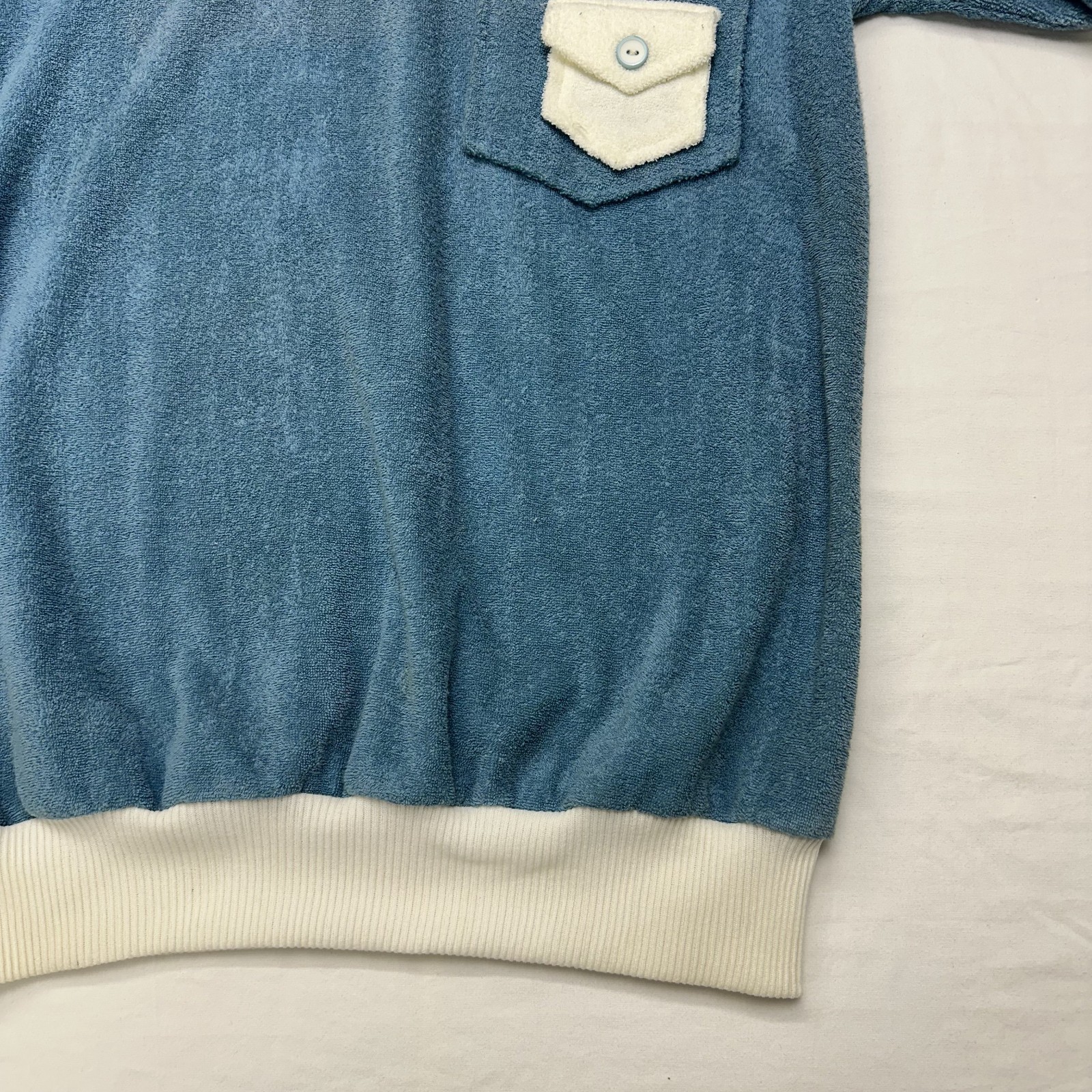 VTG 70s Womens Terry Cloth Polo Shirt Ribbed Collar Cuffs & Hem Pockets – Size L