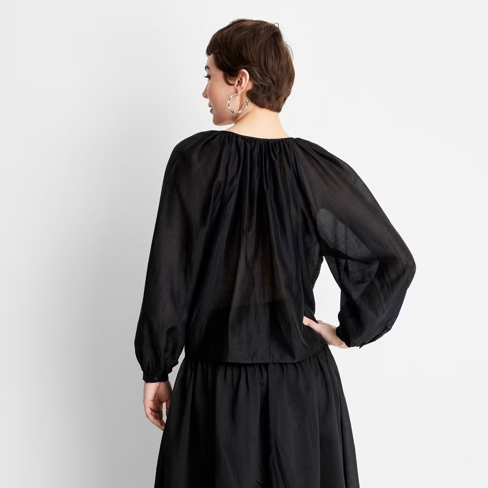 Women Balloon Long Sleeve Flowy Sheer Boho Top – Future Collective Black